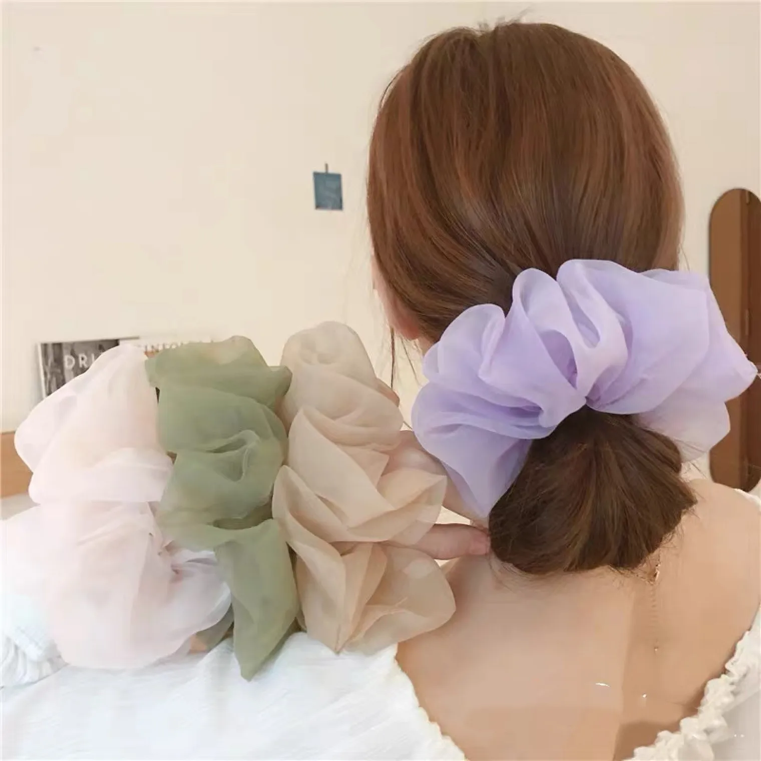 Spring summer organza hair scrunchie large fairy chiffon women Elastic Hair Band Ponytail Holder Hair Tie Girl Gum Accessories summer girl s fashion sweet small leather shoes bowknot organza elegant kid s mary janes spring autumn princess dance flat shoes
