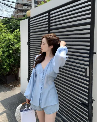 

Женская Тонкая Блузка с V-образным вырезом и длинным рукавом