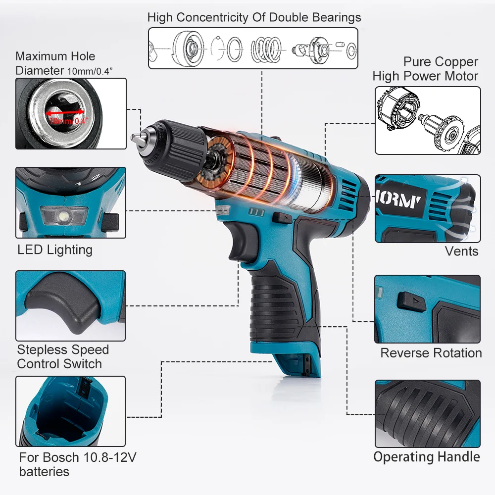 Mini Drill 12V 32N.m 2-Speed Electric Lithium-Ion Battery Cordless Drill