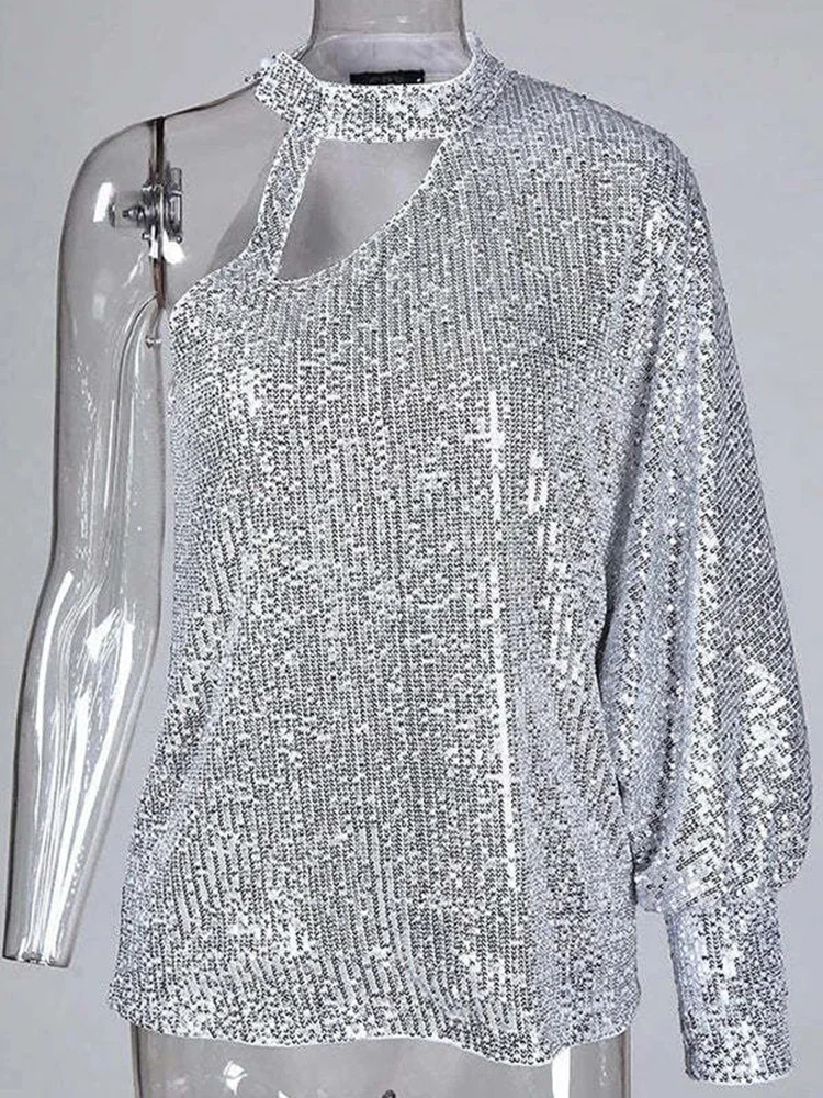 Sexy Solid Silver Glitter Blouse for Women Off one Shoulder Sequin Shirt Autumn Winter Ladies Long Sleeve Party Shirt