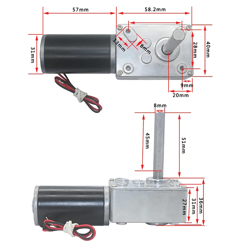 DC12V 24V 강력한 토크 기어 모터 터보 웜 기어드 모터 51mm D 샤프트 고전력 역방향 저속 70kg.cm 웜 기어 모터