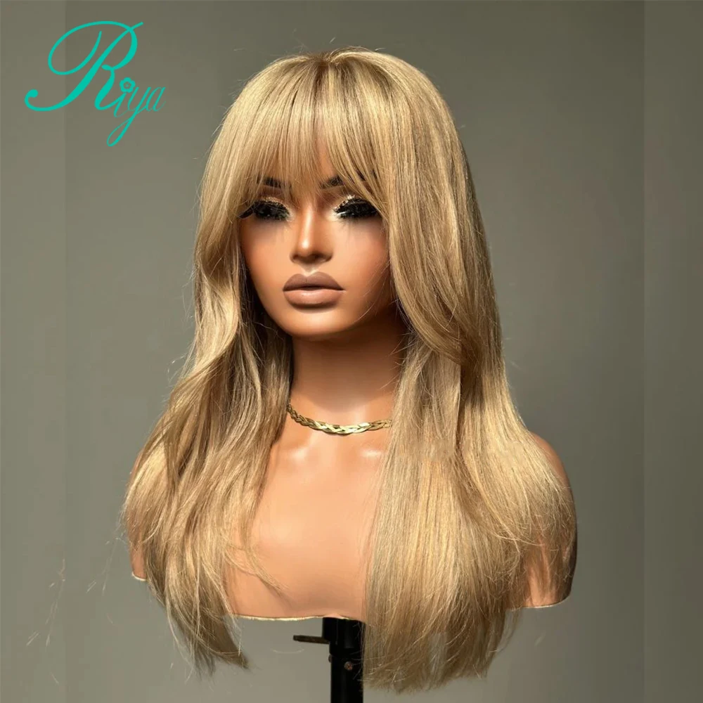 Human Hair Wig Pre Cut Ash Lace 4x4 5x7 Honey Blonde Layered Cut Straight With Bangs 613 Blonde 360 Full Lace Glueless human hair wig lace front wigs