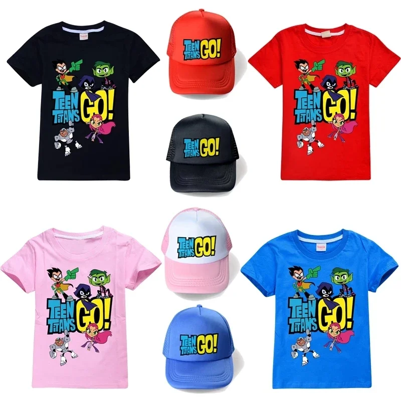 

Summer Unisex 13 colour Teen Titans Go Short Sleeve Printing 100% cotton T-shirt+sunhat Boys Girls Clothes kids tee top Clothes