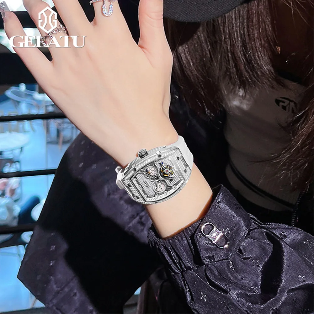 GELATU 6016 Luxury Fashion Woman Mechanical Watch Hollow Diamond Automatic Watch For Women 50M Waterproof Big Dial Wristwatch