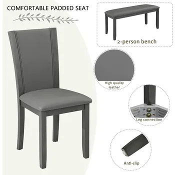 Farmhouse Kitchen Table Set for 6, 6-Piece Dining Table Set with Bench and Chairs, Wooden Dining Table Set for 6 People, Rustic 4