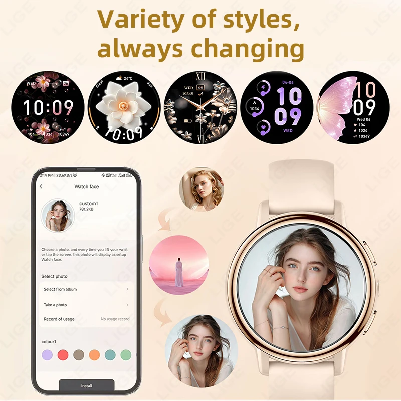 LIGE New Women AMOLED Bluetooth Call Smart Watch Health Tracking Bluetooth Call Alarm Clock Smartwatches Men For Android IOS