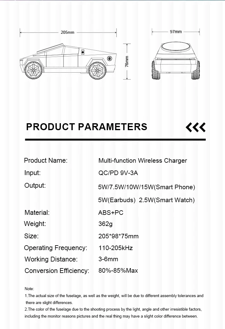 Overview of the 3-in-1 Cybertruck wireless charger layout