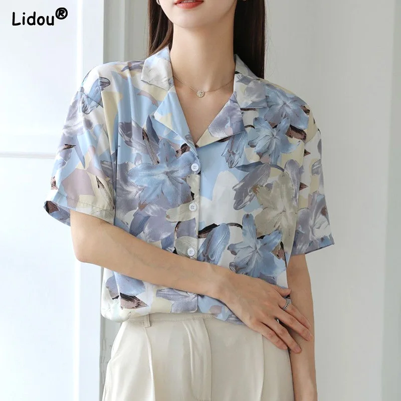 Notched Printing Short Sleeve Women's Clothing Thin Summer Loose Young Style Street Casual Blouses Fashion Sweet Tops Button