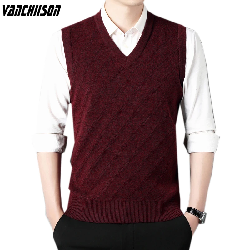 Men Wool Knit Jumper Tank Sweater Tops Sleeveless Pullover Solid Vintage V Neck Basic Thick for Autumn Winter Male Fashion 00236