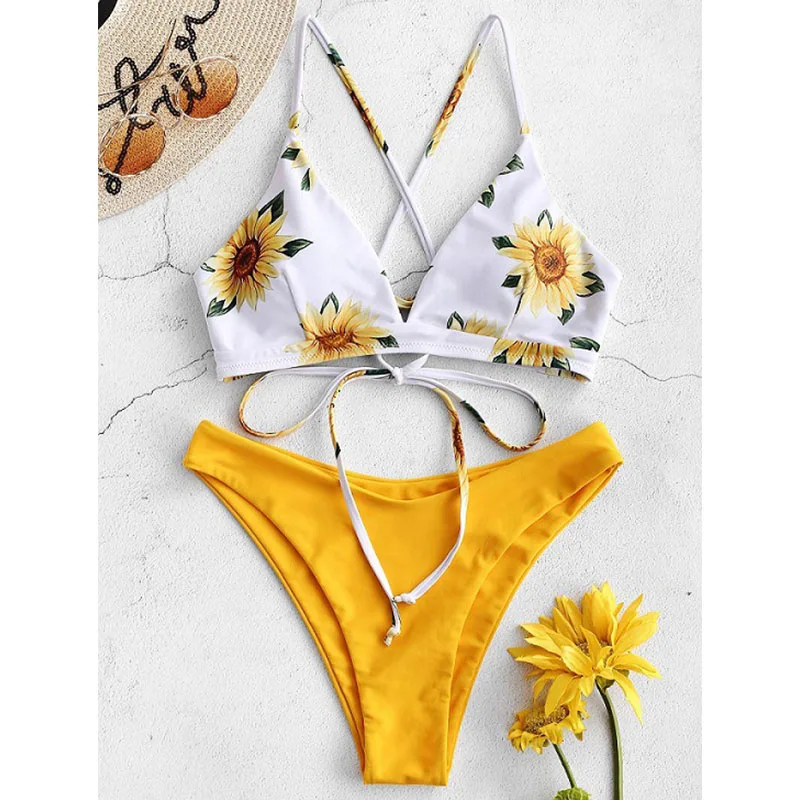 Sunflower Printed Bikini Set Sexy Swimwear Women 2023 Mujer Push Up Padded Biquini Bathers Bandage Bathing Suit Swimsuit Bikini