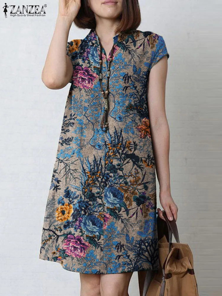 

Vintage Sundress ZANZEA Summer Short Sleeve Knee Length Dress Bohemian Floral Printed Vestidos Robe Women Casual Holiday Dresses