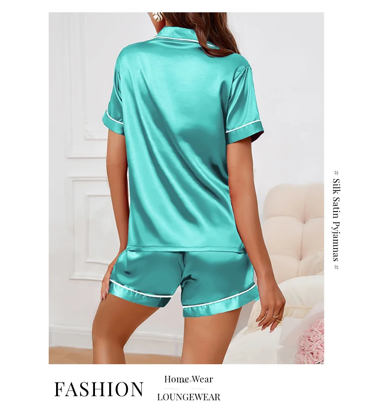 Frauen Nachtwäsche Seide Satin Pyjamas Set Button-Down Pyjama Shorts Anzug Pijama Femme Loungewear Pj Sets Einfarbig Hause kleidung – Detail 8