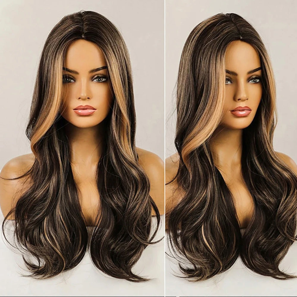 

Long Brown Hightlight Natural Wavy Machine Made Synthetic Hair Wig Women Wig Capless Wigs