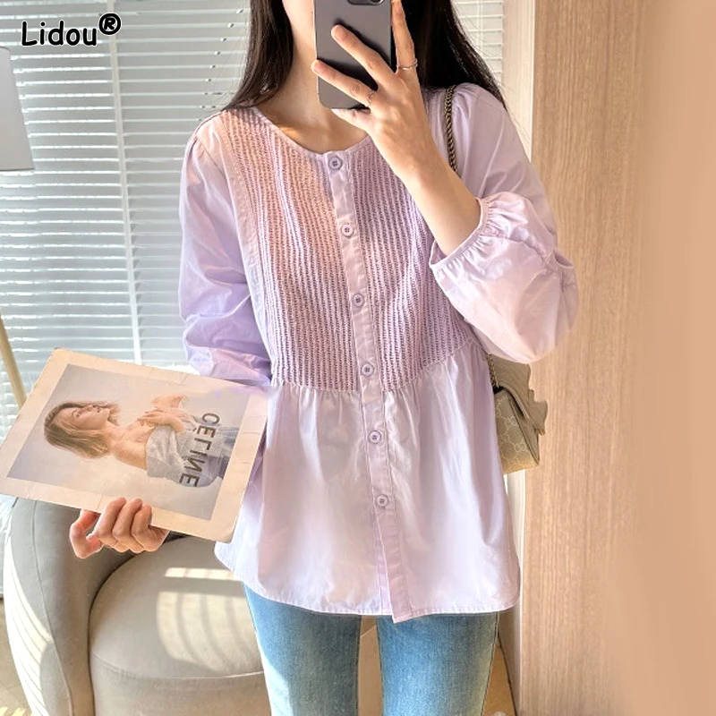 Casual Office Lady Fashion Loose Korean Solid Blouses Thin Intellectual Button Simplicity Pleated Spring Summer Women's Clothing intellectual tops notched simplicity solid color straight blazers office lady casual spring summer thin women s clothing fashion