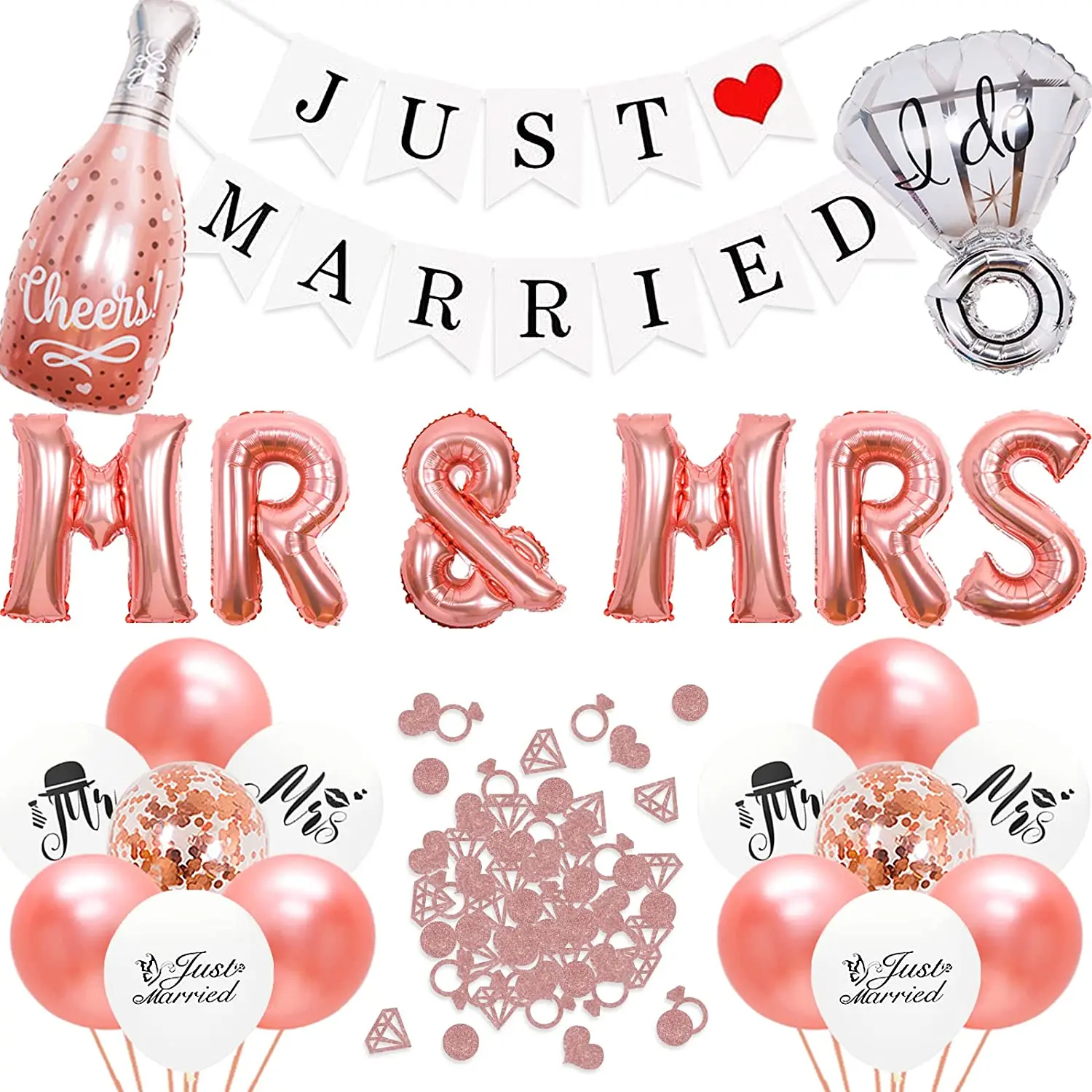 

Foil Balloons Decorations for Wedding Engagement Decor, Just Married Banner, Rose Gold, Mr and Mrs, Confetti