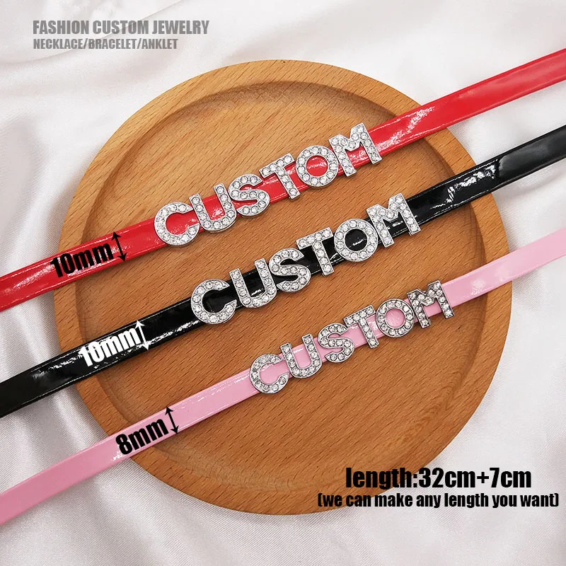 

Any Size Personalized Custom Name Necklace Rhinestone Letters Bright Pu Leather Choker Collar Sexy Cute Party Jewelry Hot