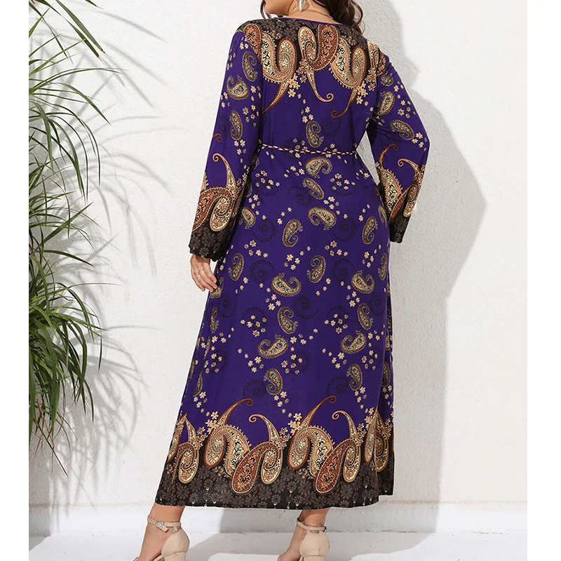 Vintage Spring Autumn Sashes Bandage A-line Dresses Plus Size Clothes for Women Printing Long Sleeve Loose Ankle-Length Dress