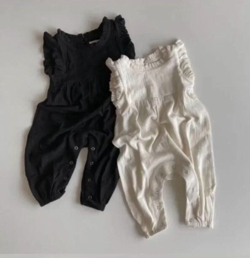 Children Overalls Pants 7580 Kids Jumpsuit Baby Girl Cotton And Hemp Casual Fly Sleeve Suspenders