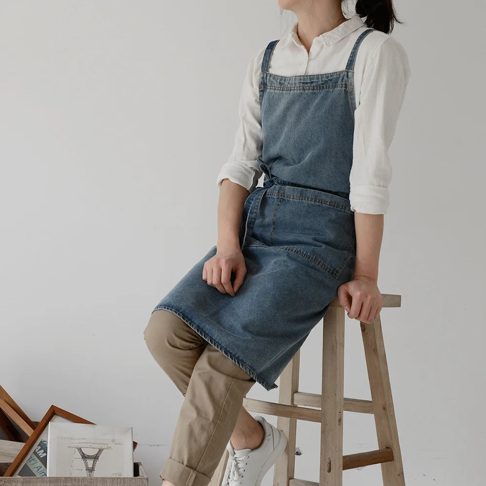 데님 앞치마 주방 요리 Pinafore 그림 앞치마 케이터링 작업복 원예 유니폼 꽃 가게 Pinny Smock Y0522