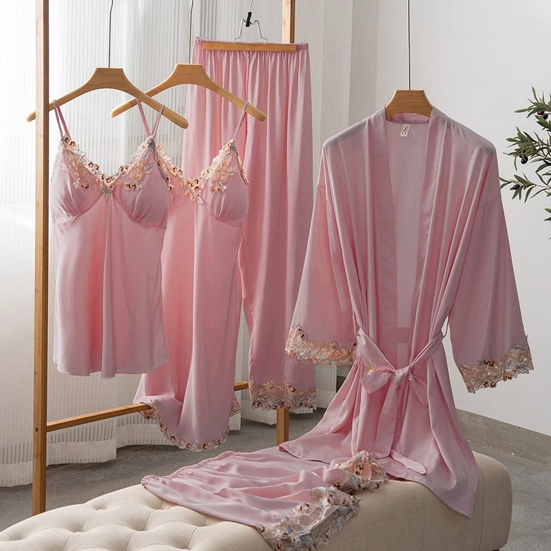 New Five Piece Pajamas Set Summer Female Satin Sleepwear Kimono Bathrobe Nightgown Spring Lady Lace Nightwear Robe Gown Homewear