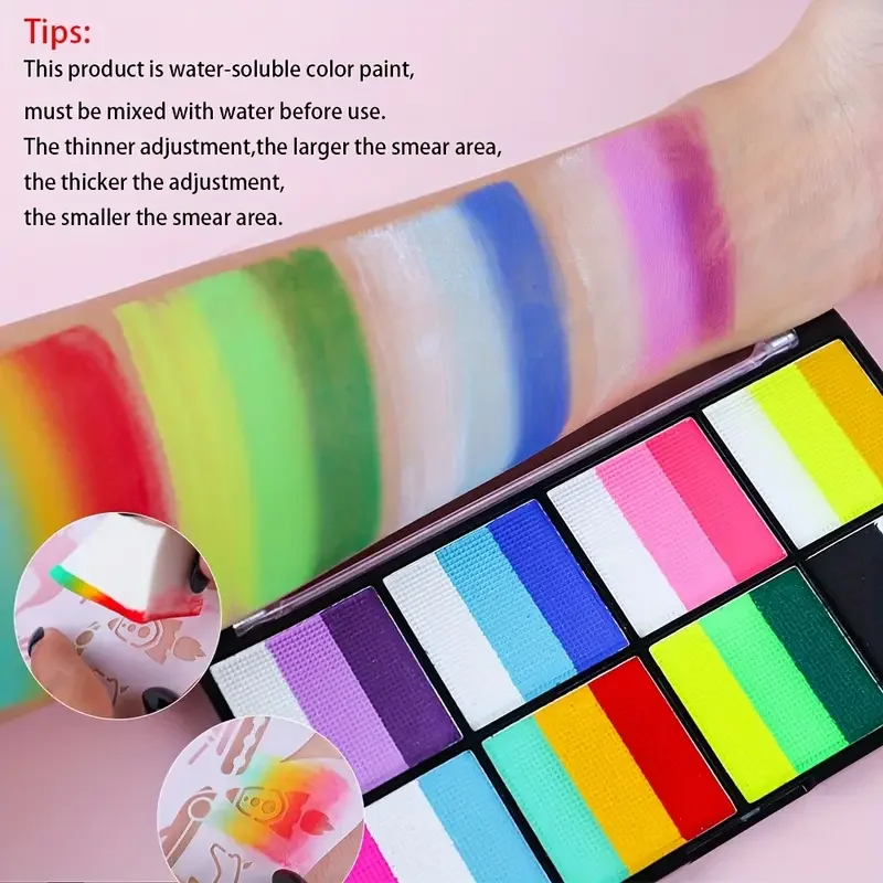 Description Picture 3 of item8-Color Split Cake Water Activated Body Paint,Rainbow Face Paint Palette for Halloween & Beginners,Mixed Color Palette,Carnival
