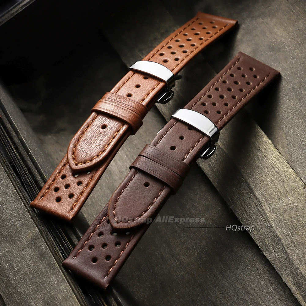 Breathable Leather Watch Strap with Quick Release and Butterfly Buckle