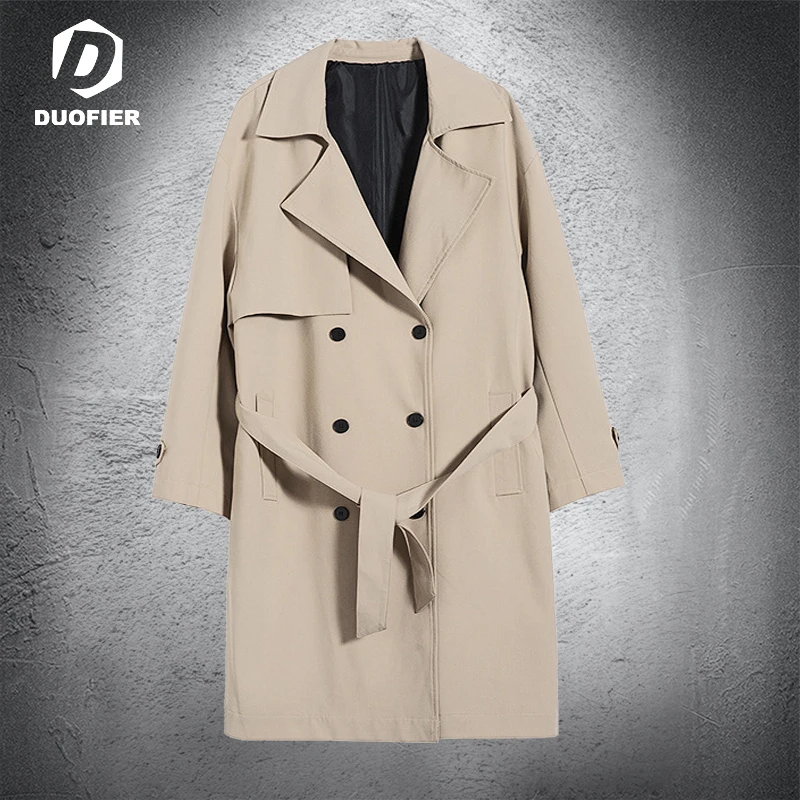 

Men Long Windproof Korean Style Trench Double Breasted Lapel Collar Solid Color Jackets Male Casual Loose Streetwear Khaki Coat