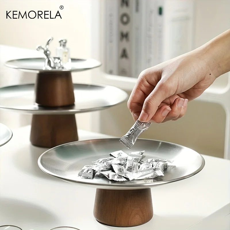 Stainless Steel Cake Tray Wooden Base Fruit Plate Wooden Serving Tray Cake Stand Cake Tray Korean Style Fruit Display Plate Dessert Plate Dining Table Home Decoration Ornaments