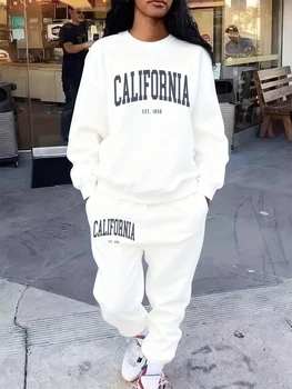 2 Pcs Hoodies Set Women California 1850 Letter Print Sweatpants Fleece Pocket Sweatshirt Jogging Outfits Winter Loose Clothes