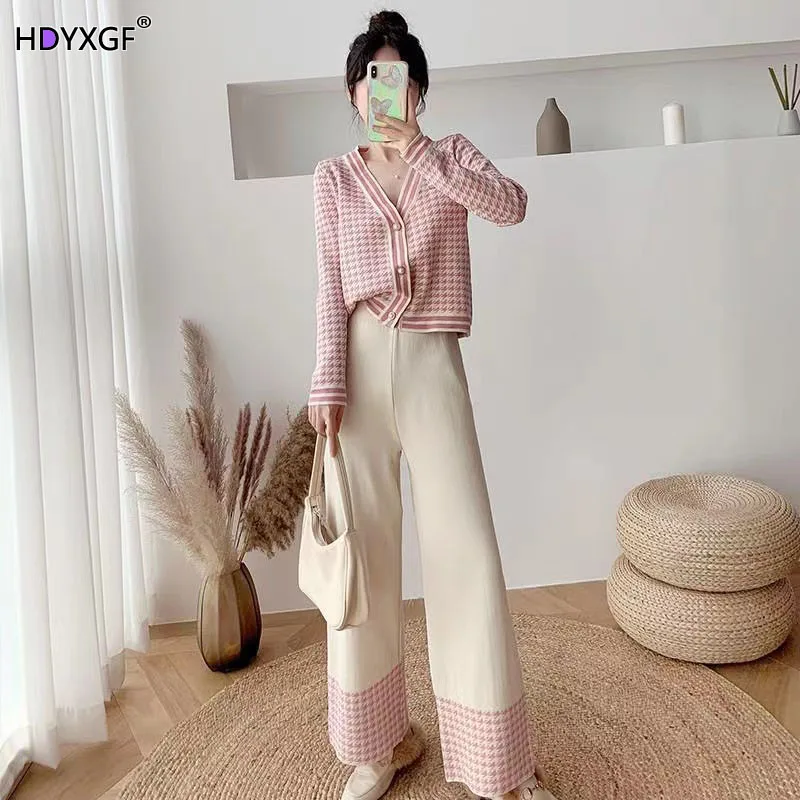 

Elegant Plaid Sweet V-neck Knit Cardigan+high Waist Wide Leg Cozy Pants Women Autumn Winter 2 Piece Set Korean Tracksuits 2024