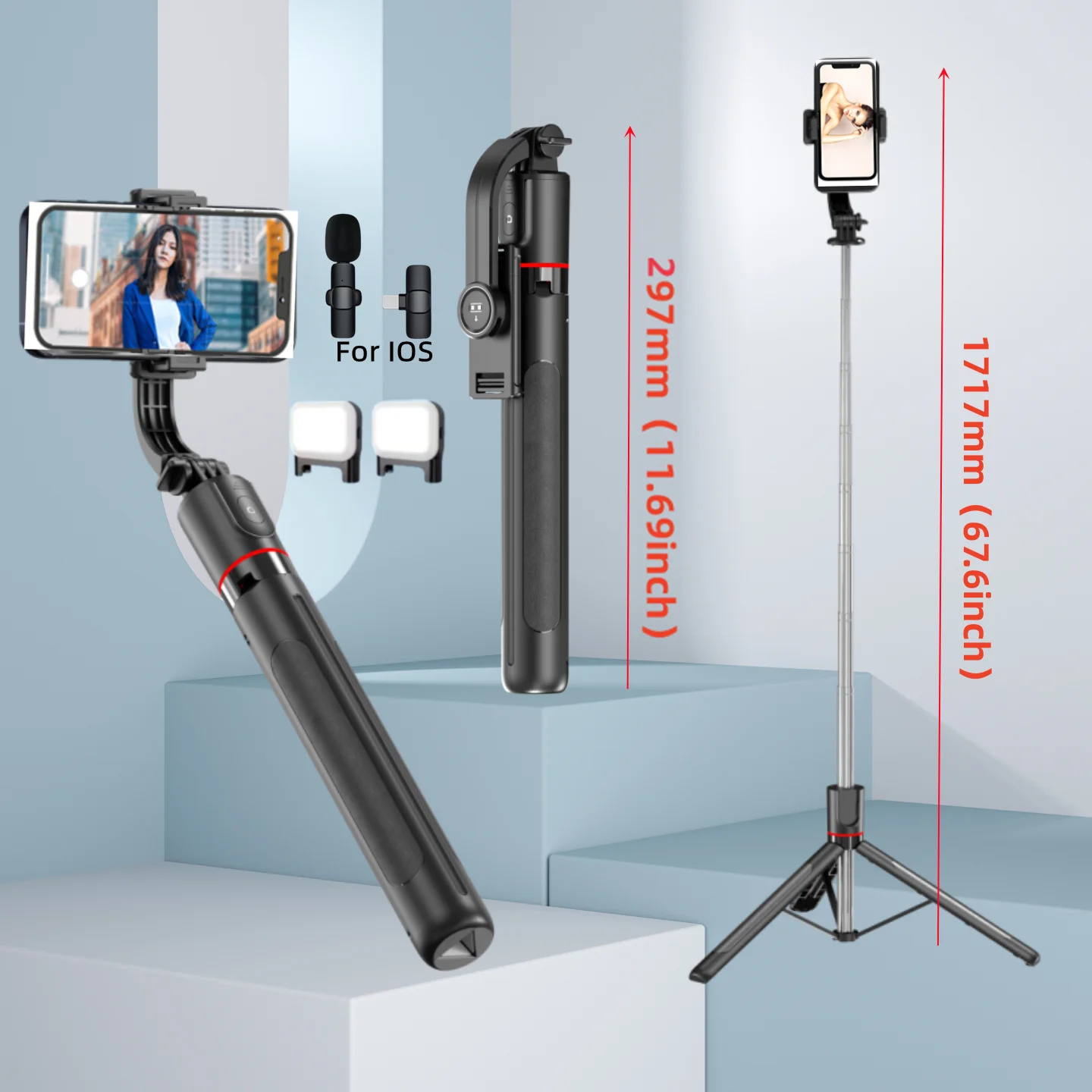 Selfie Stick Tripod with Bluetooth Remote, Extendable Pole, 360° Rotation & Fill Light
