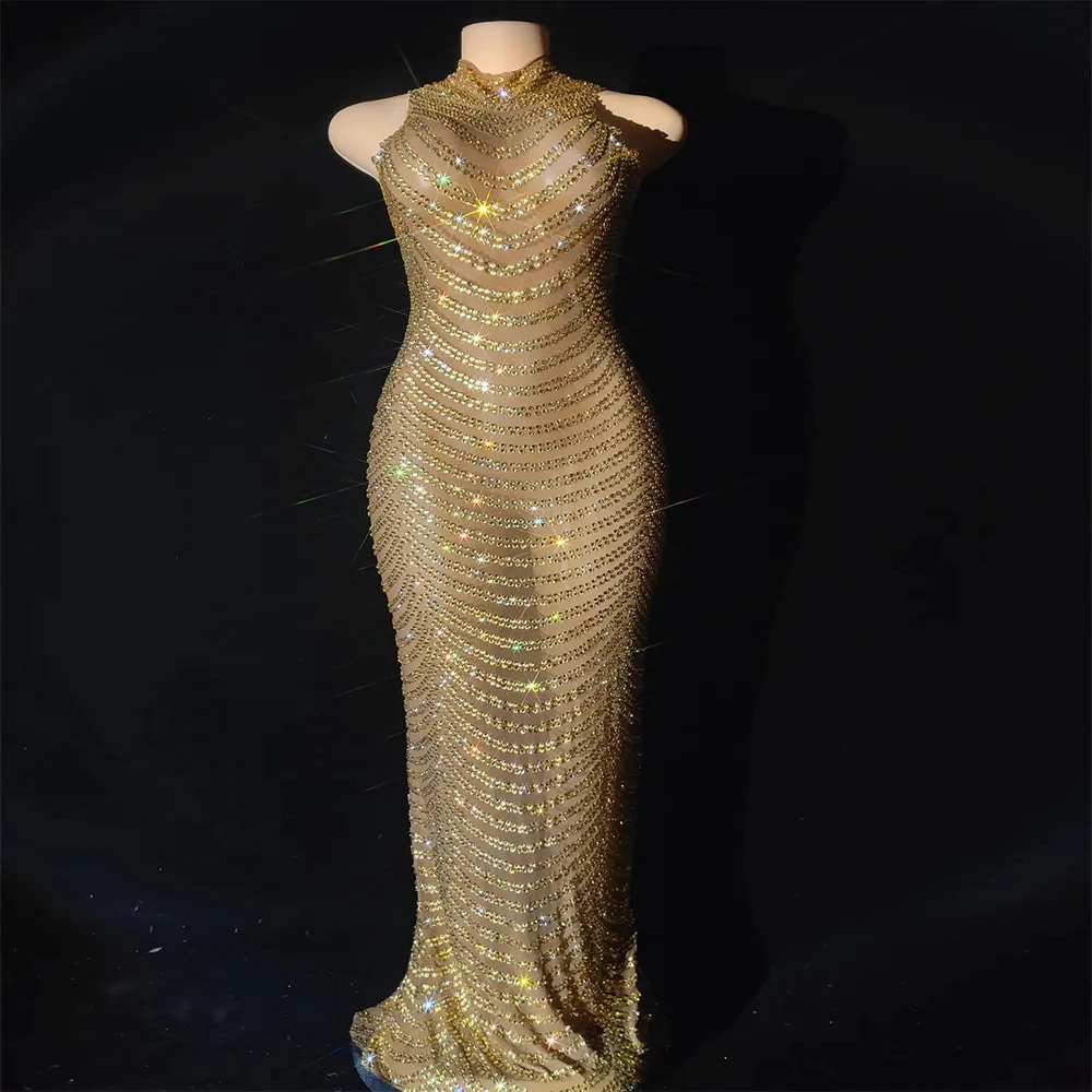 Strass Luxury Gold Long Dress Women Birthday Stage Play Celebrate Costume Dancer Party Show Dresses