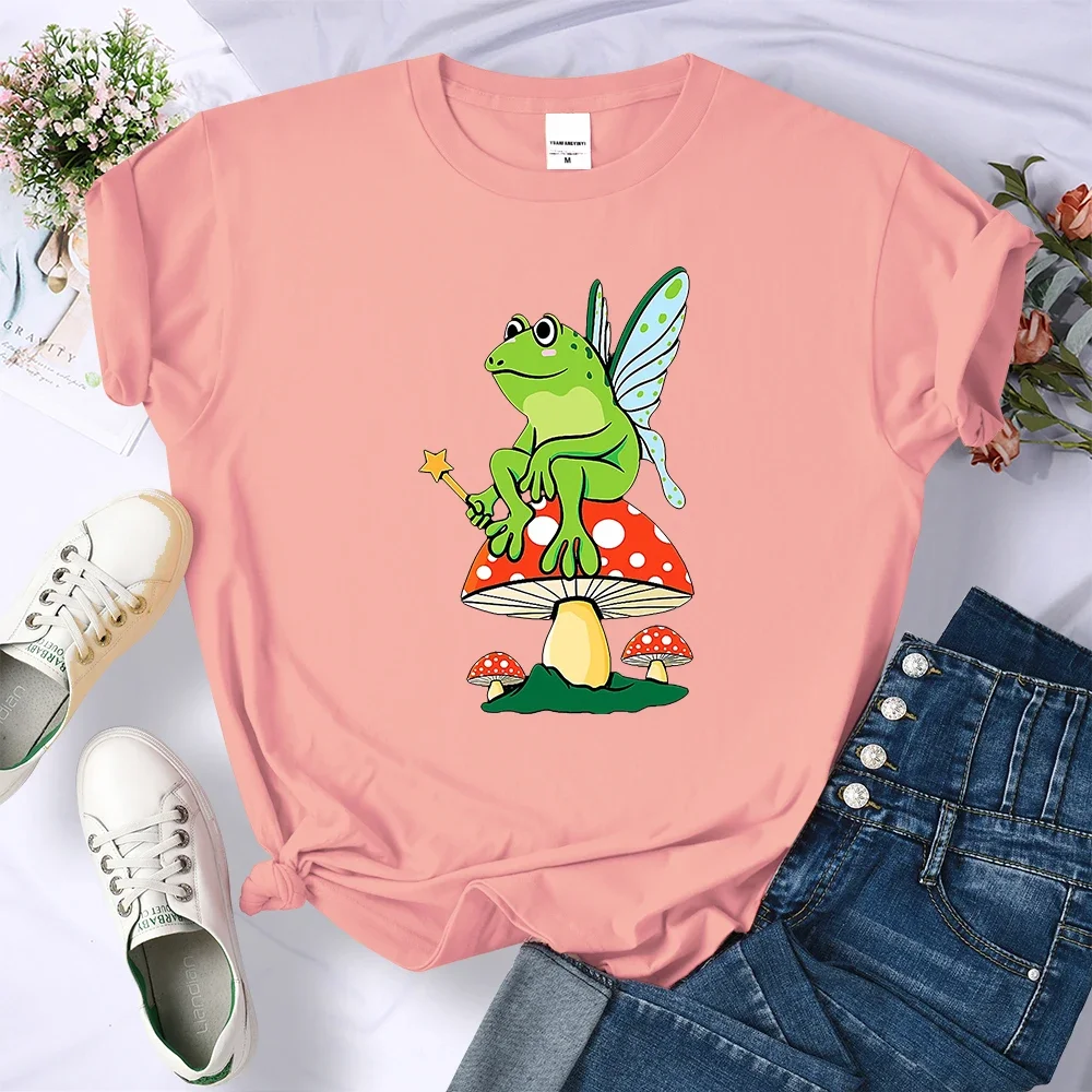 

Short Sleeve Print Clothing Women's T-Shirt Cottagecore Frog Fairycore Mushroom Goblincore T-Shirt Women O-Neck Sport Casual Top