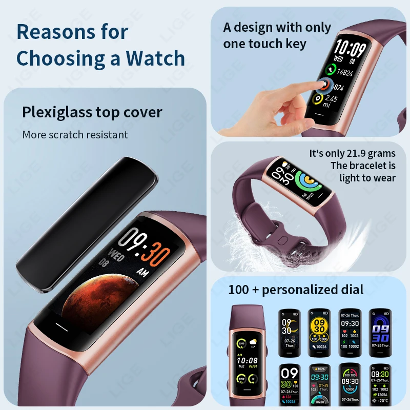 LIGE 2025 Smart Wristband Sport Fitness Heart Rate Tracker Smartwatch AMOLED Screen Waterproof Smart Bracelet For Men Women New