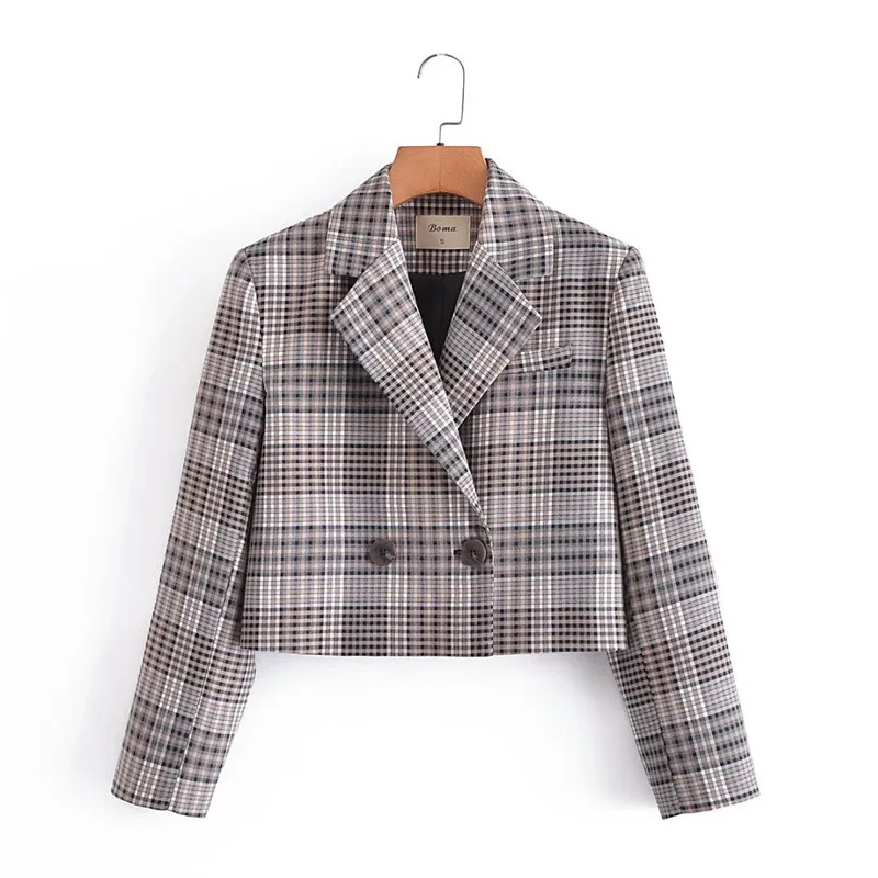 Women's Chic England Style Plaid Crop Blazer Jacket Spring Autumn Lady Long Sleeve Two Buttons Houndstooth Suit Outwear Top