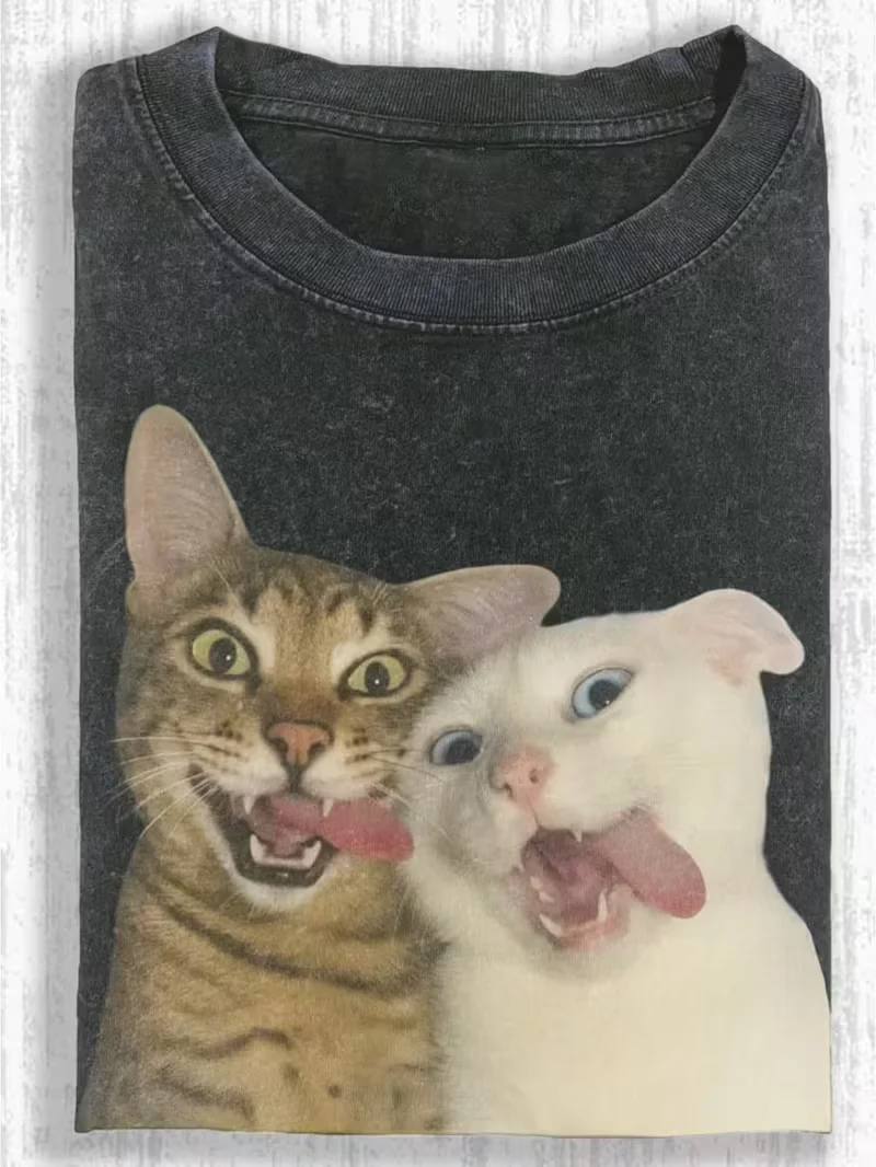 Cooles, lustiges, stilvolles Katzen-Grafik-T-Shirt für den Alltag, Unisex Retro-Washed Rundhals-Freizeit-Kurzarm-Streetwear-Oberteil