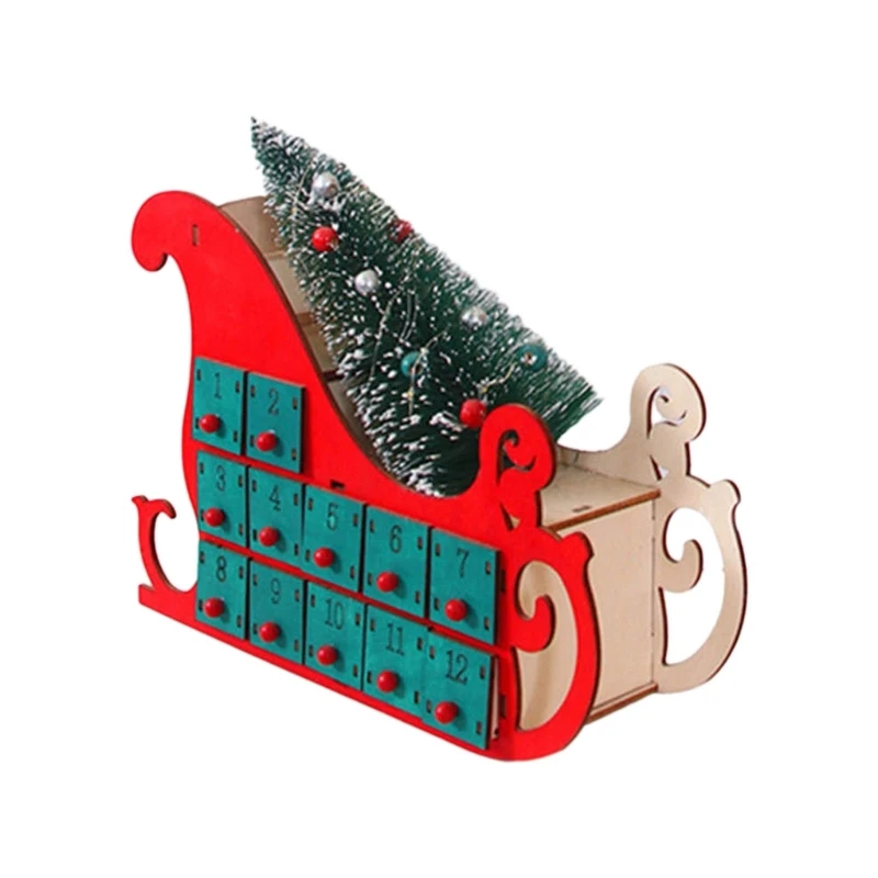 Tree House Sleigh Wooden Advent Calendar Countdown Christmas Party Decor 24 Drawers with LED Light Ornament