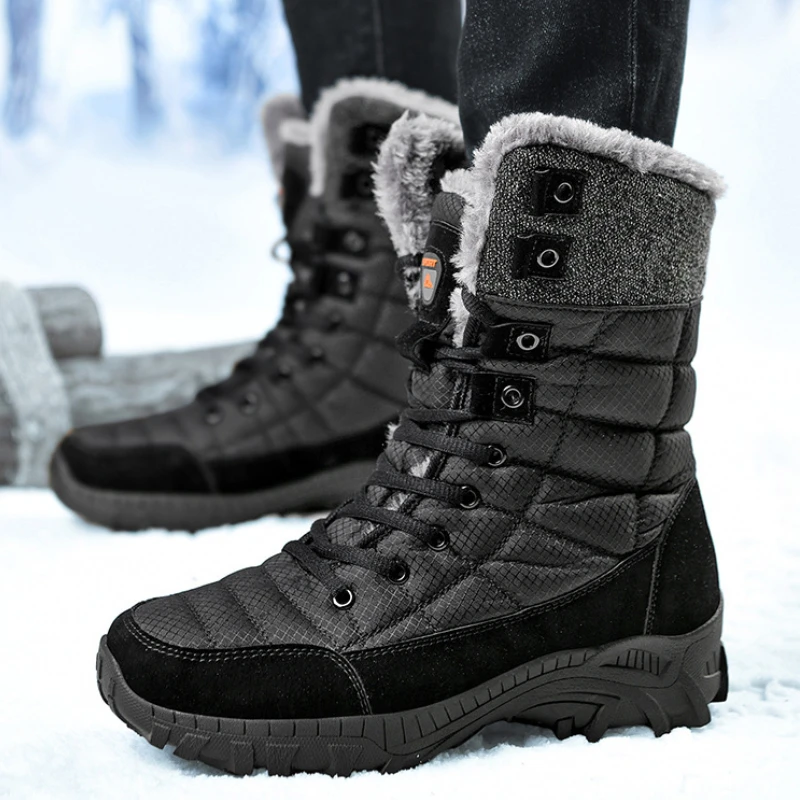 

Men's Snow Boots Winter Solid Color Fleece Warm High-Top Outdoor Mountaineering Thickened Cotton Shoes Botas De Seguridad Hombre