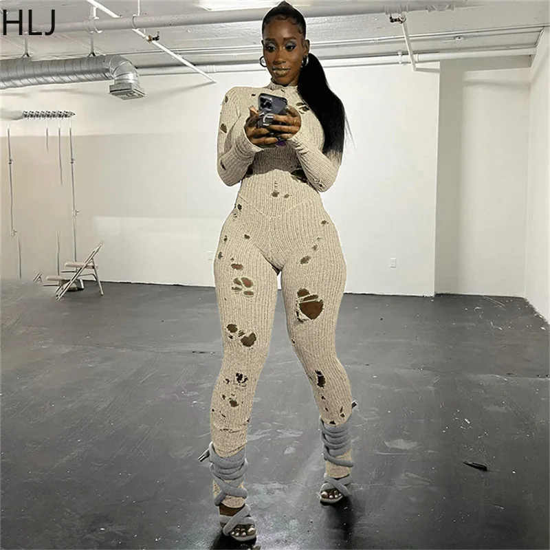 HLJ Sexy Knitting Hole Bodycon Jumpsuits Women Round Neck Long Sleeve Slim Hollow Out Slim Playsuits Female Solid Sporty Rompers