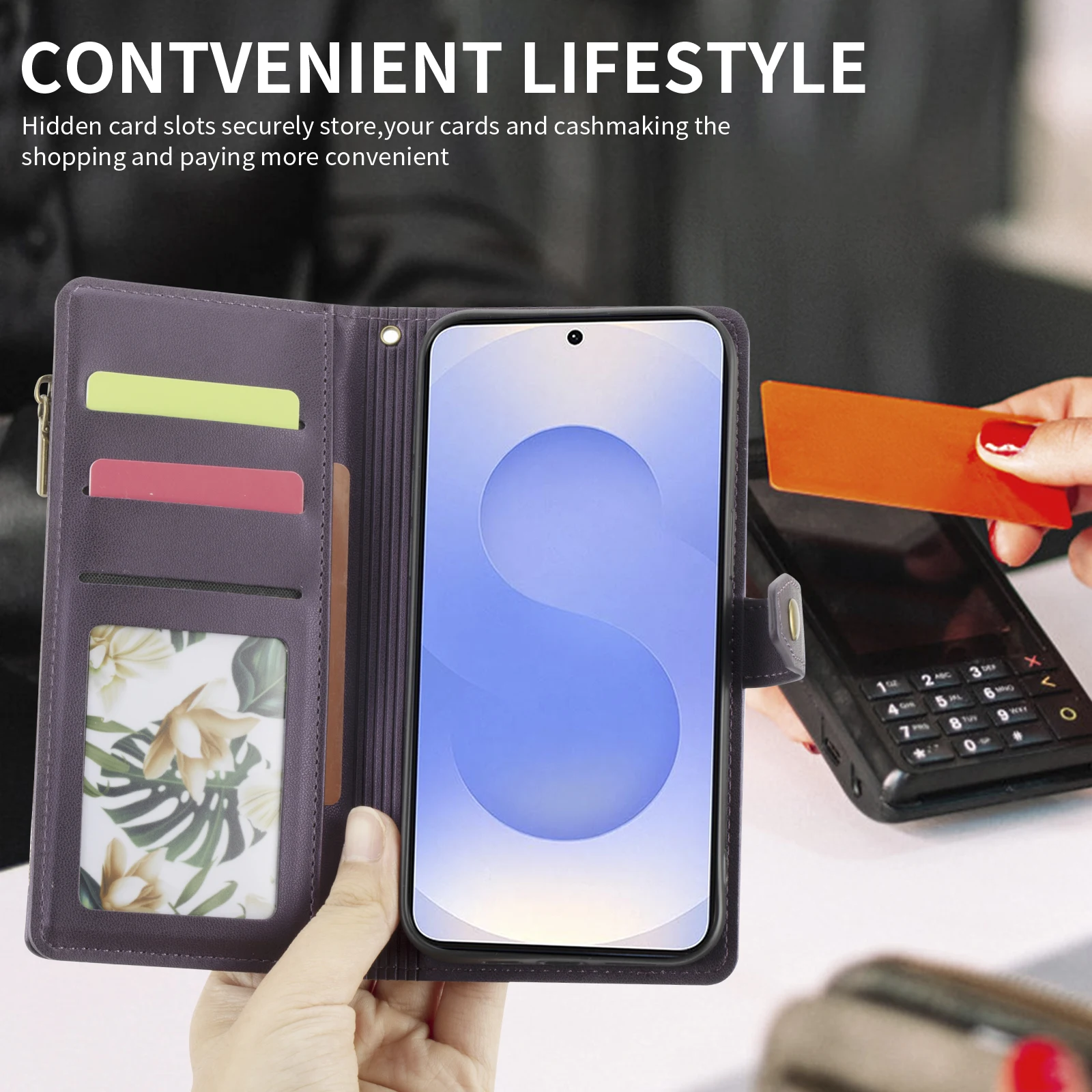 Deluxe Wallet-Style Phone Case with Card Slots, Zipper Coin Pocket, and Wrist Strap in Faux Leather