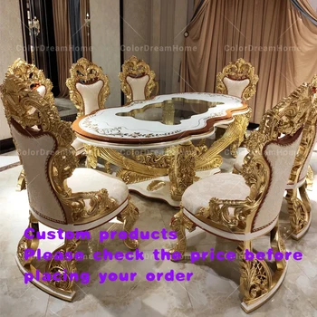 Set da Pranzo in Stile Barocco Royal con Tavolo in Legno Massello Intagliato a Mano e Piano in Vetro, con Sedie, Arredamento Europeo per Cucina e Casa