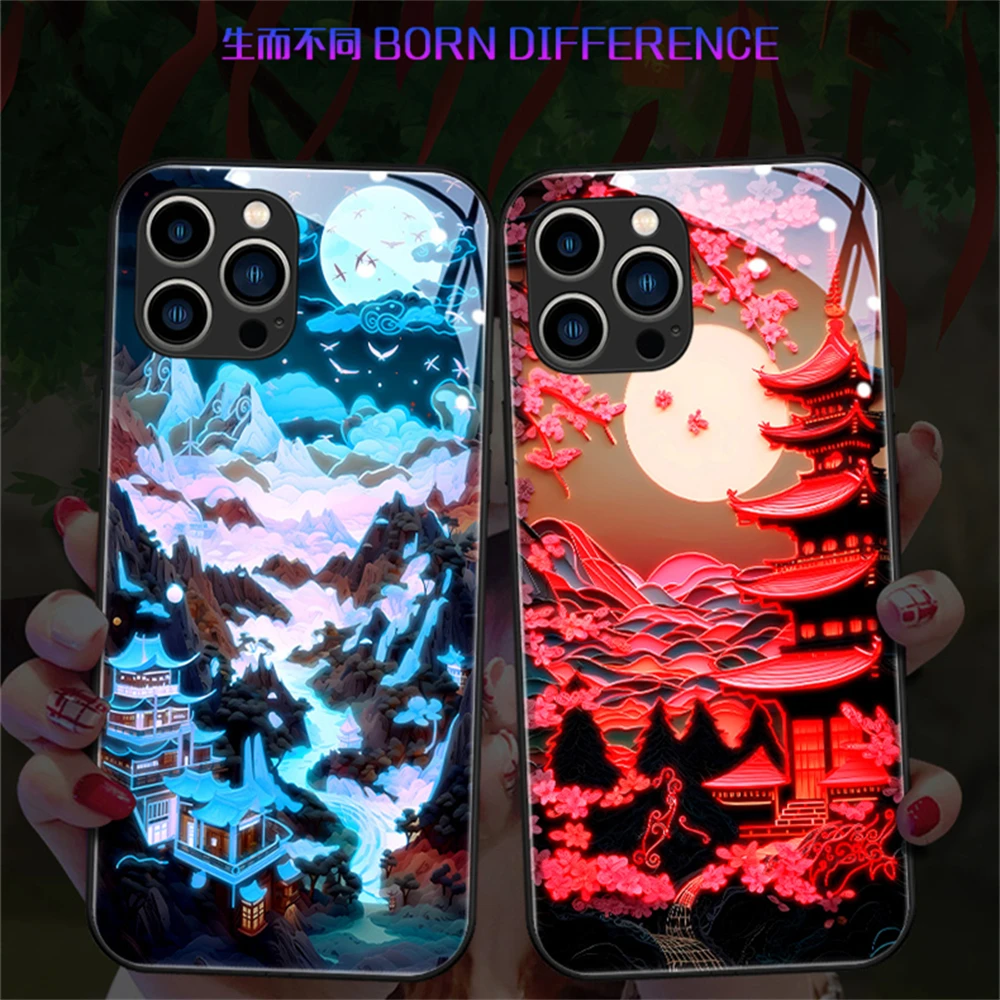 

Old Landscape Painting Smart LED Light Up Glow Glass Phone Case For Huawei Mate 60 50 40 30 Pro Plus P60 P50 P40 P30