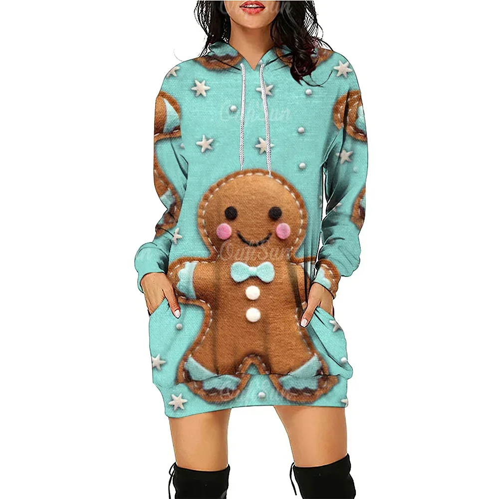 thumbnail image 1 of Vestido tipo jersey con capucha y elementos navideños divertidos con estampado digital 3D de Navidad para otoño, 1 of 5