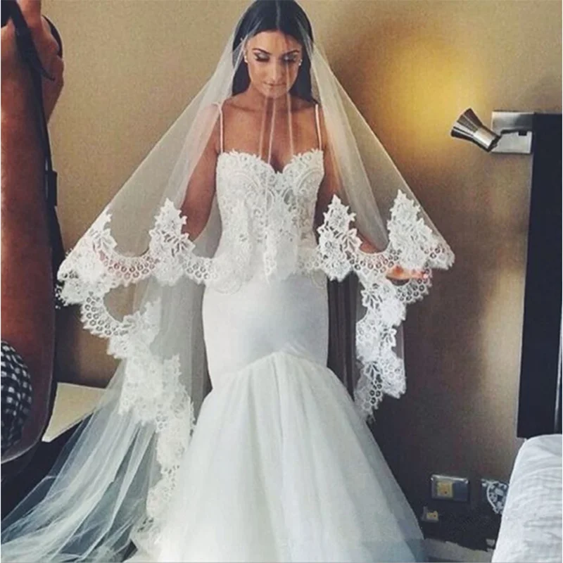 Bridal Veils Two-Layers Mandolin Cathedral Veil 4M Lace Appliques All Lace Edge