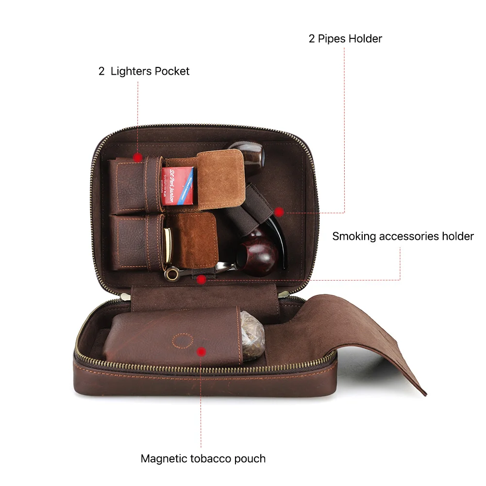 진짜 가죽 담배 파이프 가방, 여행 케이스 보관 정리함, 담배 파이프 라이터 탬퍼 파이프 도구, 흡연 액세서리