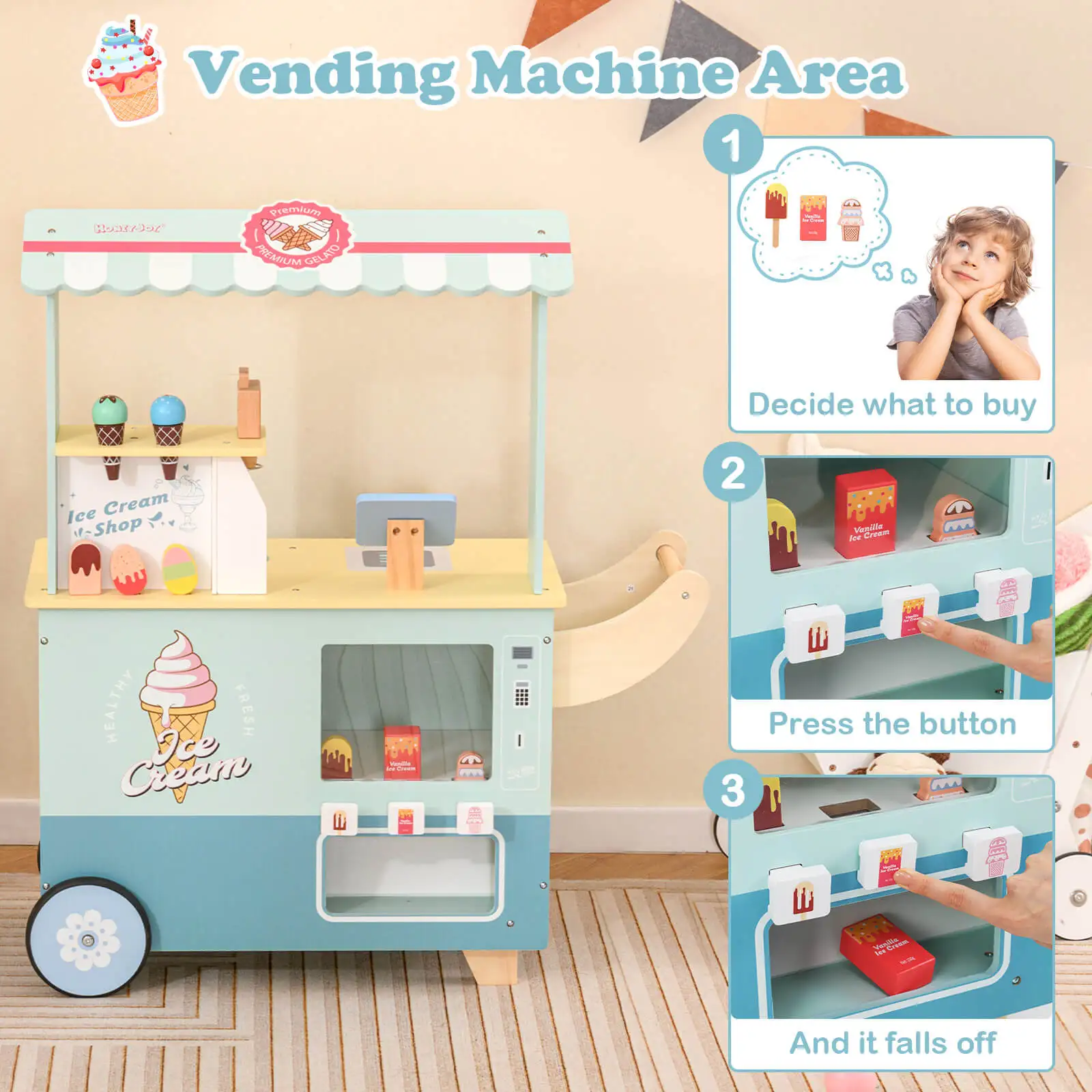 Kids Ice Cream Cart with Vending Machine & Ice Cream Maker Toys Display Stand 4