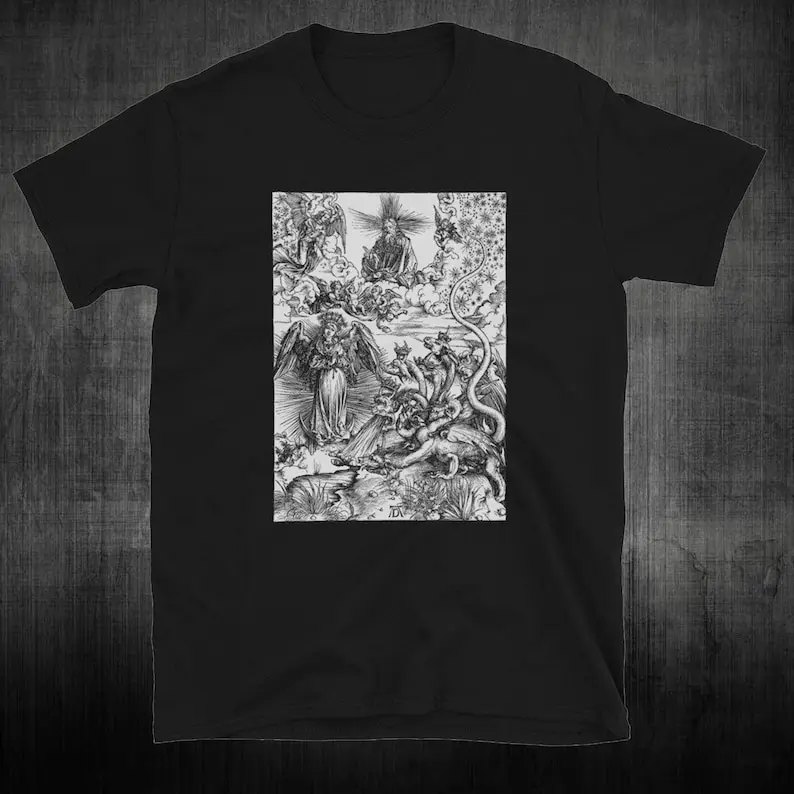 

Apocalyptic woodcut shirt | Gothic, Goth, Occult, Cross, Skull, Satan, Hell, Paradise Lost, Gustave Dore, Albrecht Durer