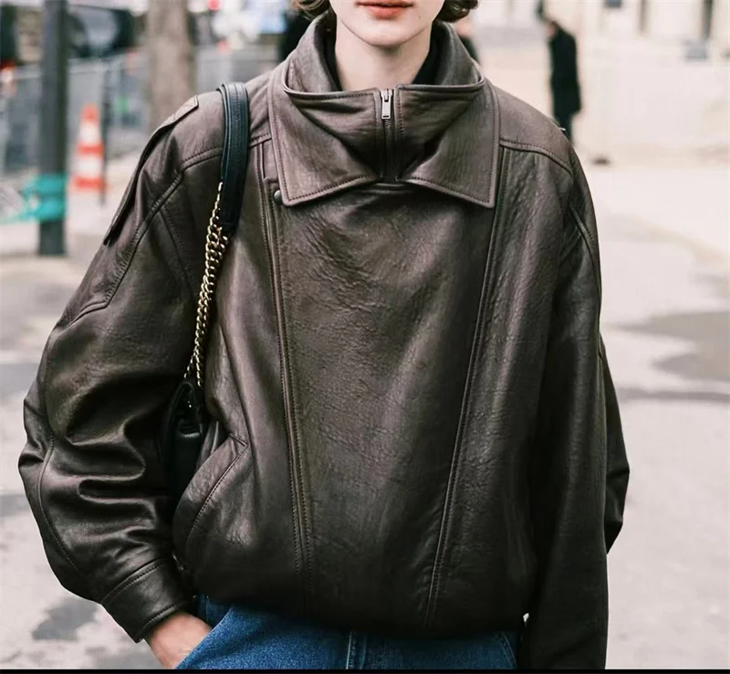 Guobioziy 2026 Fall New Women's Jacket 2026 Fall New Release Loose Faux Leather Biker Jacket Parka European and American Style