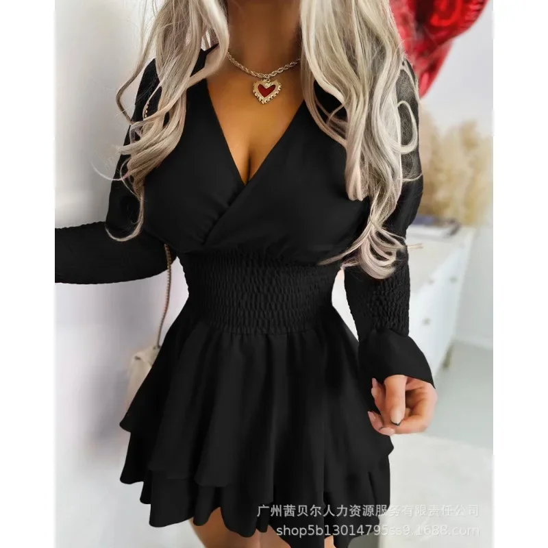 

V Neck Corset Party Evening Dress Streetwear Elegant Women Long Bell Sleeve Shirred Ruffles Casual Dress Autumn Y2K Chic Clothes