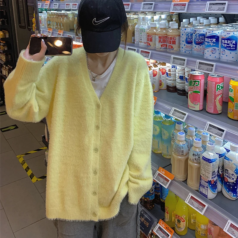 여성용 오버사이즈 니트 스웨터, 모헤어 밍크 캐시미어 가디건, 캐주얼 싱글 브레스트 니트웨어, 한국 젠틀 N967, 가을 겨울